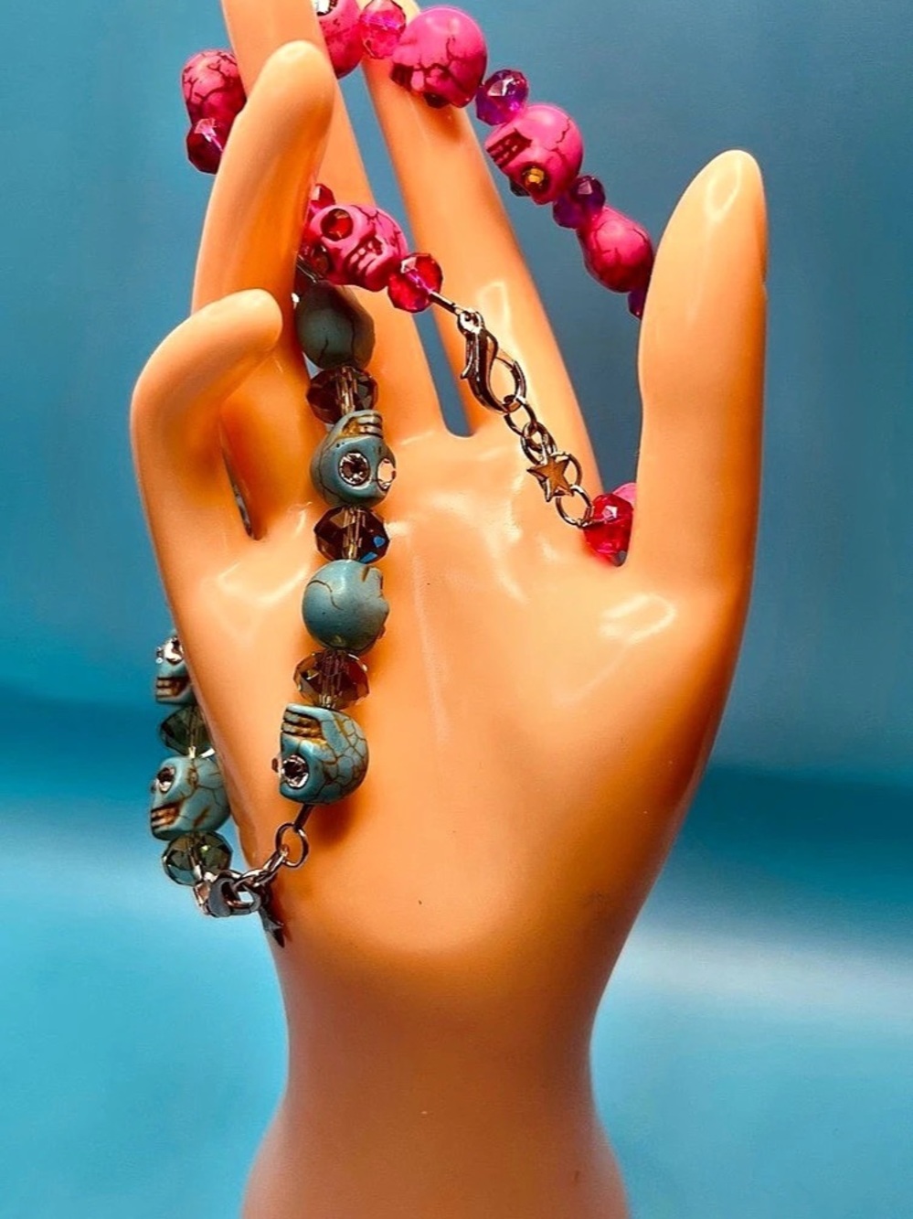 Vibrant Turquoise & Hot Pink Skull Beaded Bracelet Set • Festive Edge Goth Punk